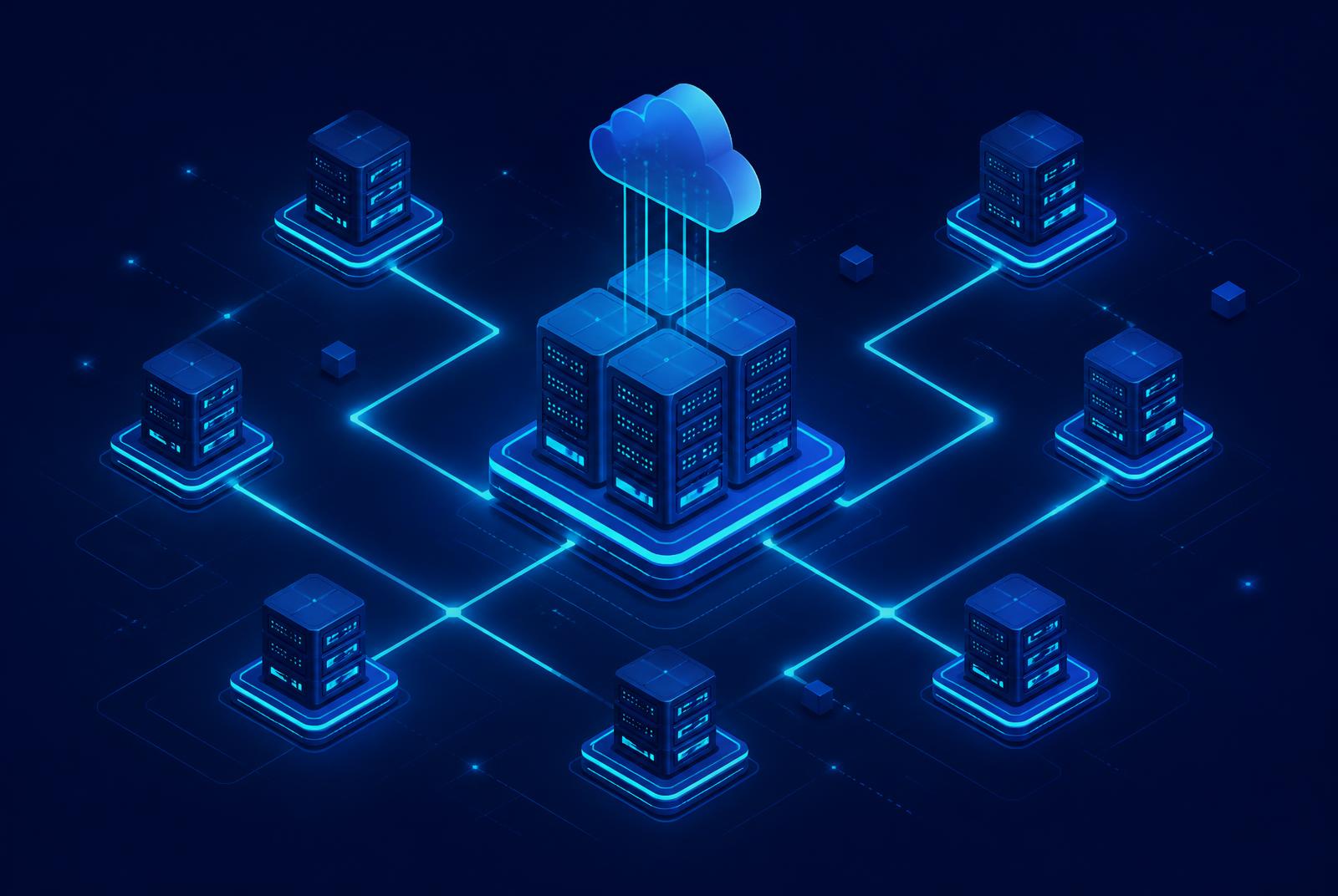 Isometric illustration of distributed cloud servers linked by network paths