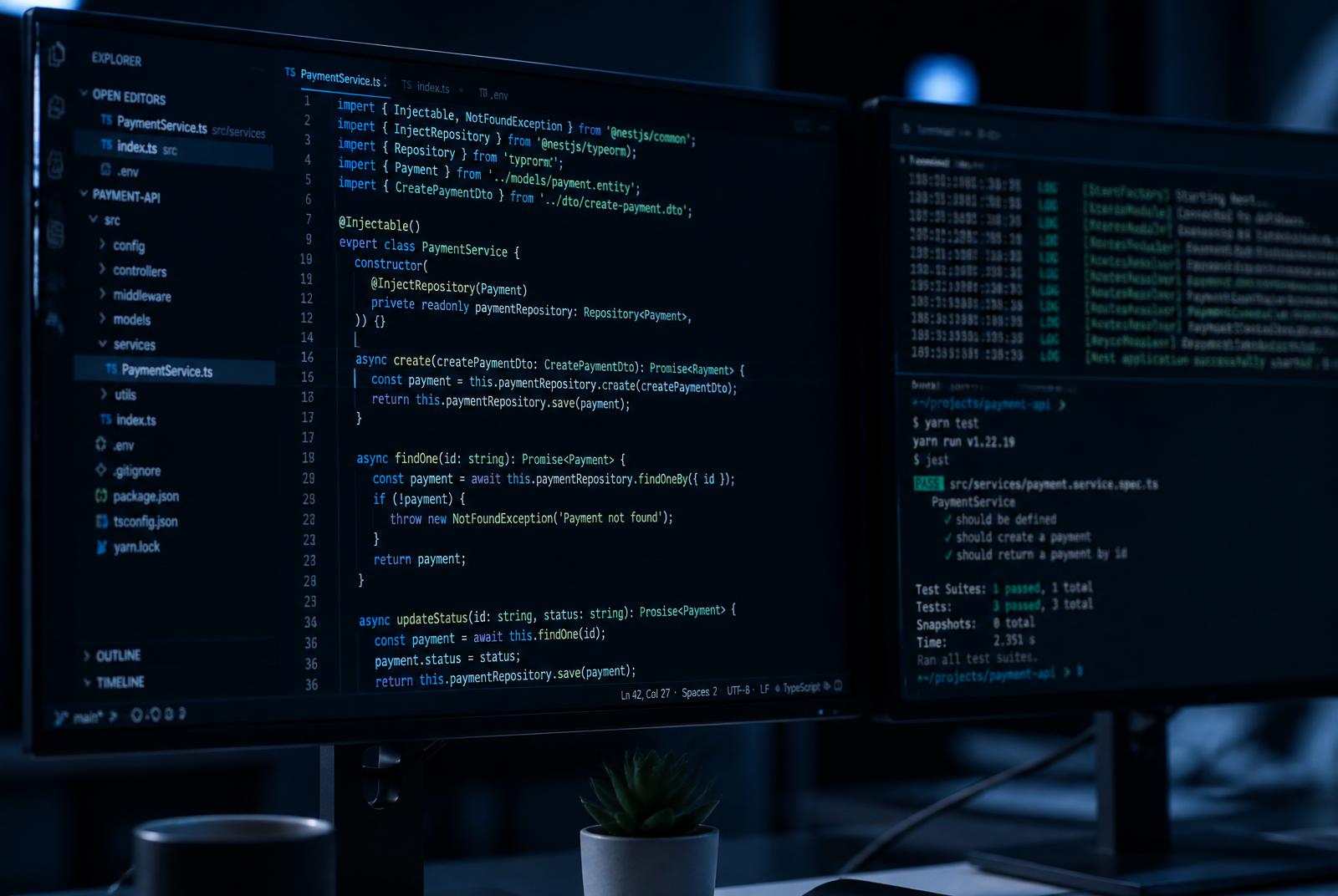 Automated test results shown alongside application source code