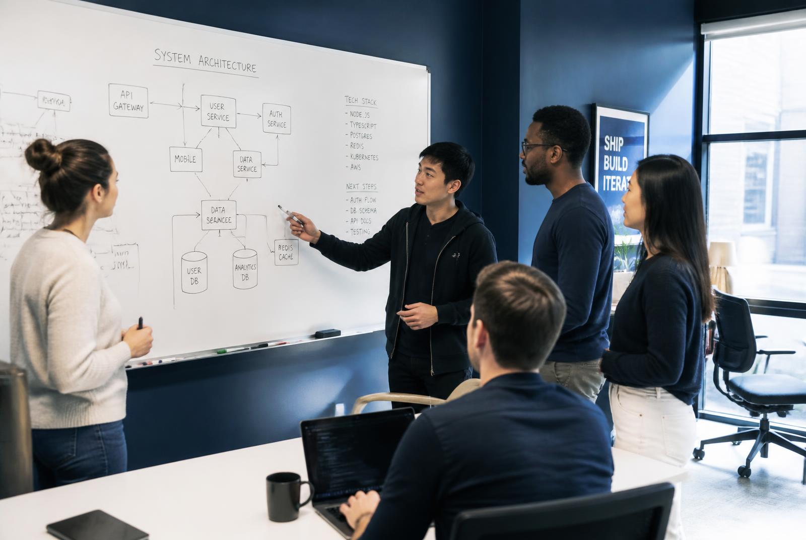 Engineers reviewing a system architecture diagram together in a meeting room